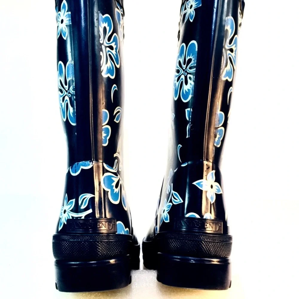 Lands' End Kids Black and Blue Floral Rain Boots